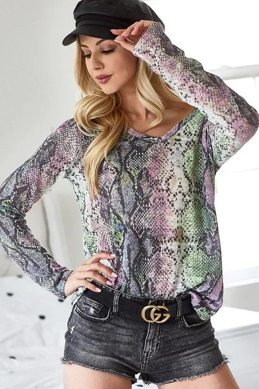 Iris Snakeskin Print Low Gauge Hacci V Neck Top