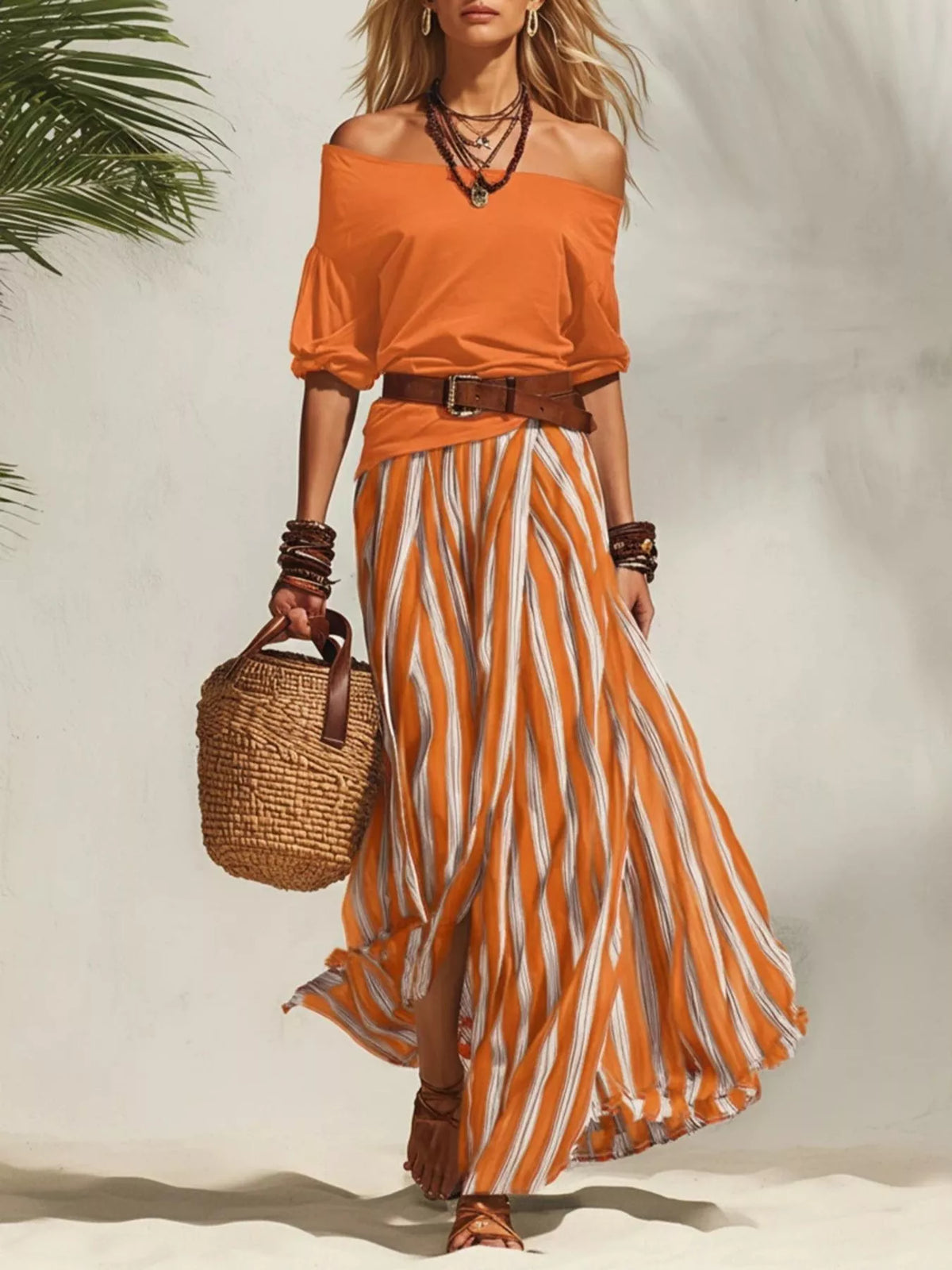 Isis Off Shoulder Top and Striped Maxi Skirt Set with Belt — view 8