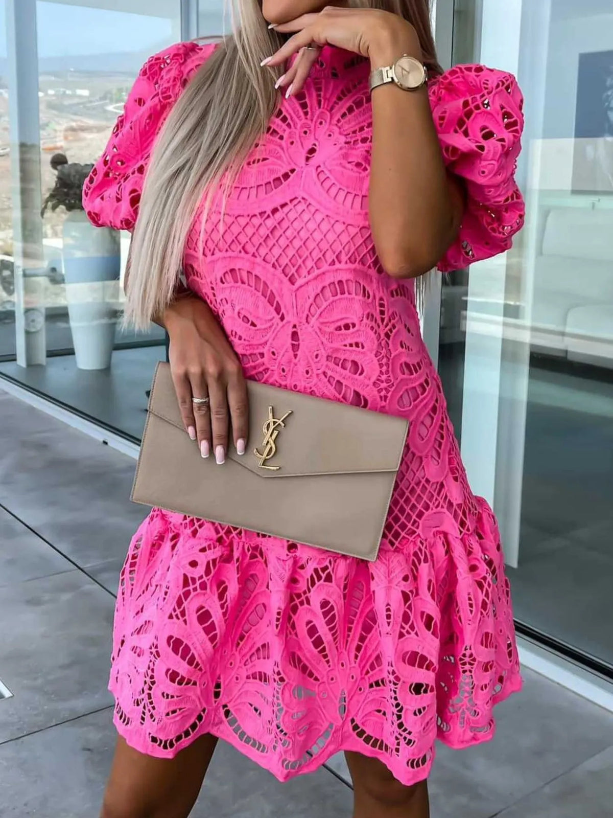Selene Lace Mock Neck Puff Sleeve Dress — view 7