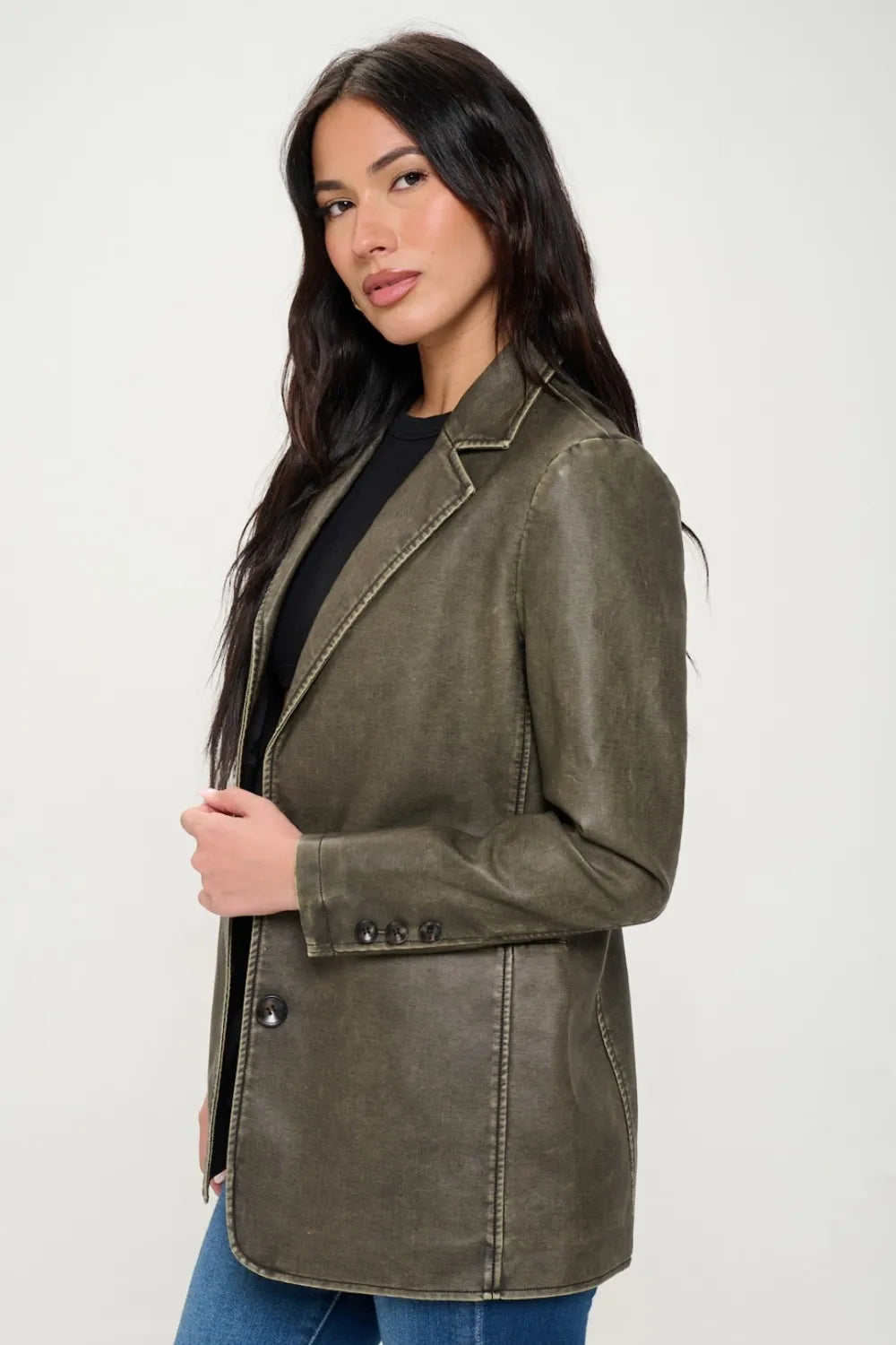 Athena Single-Breasted Vegan Leather Blazer — view 2