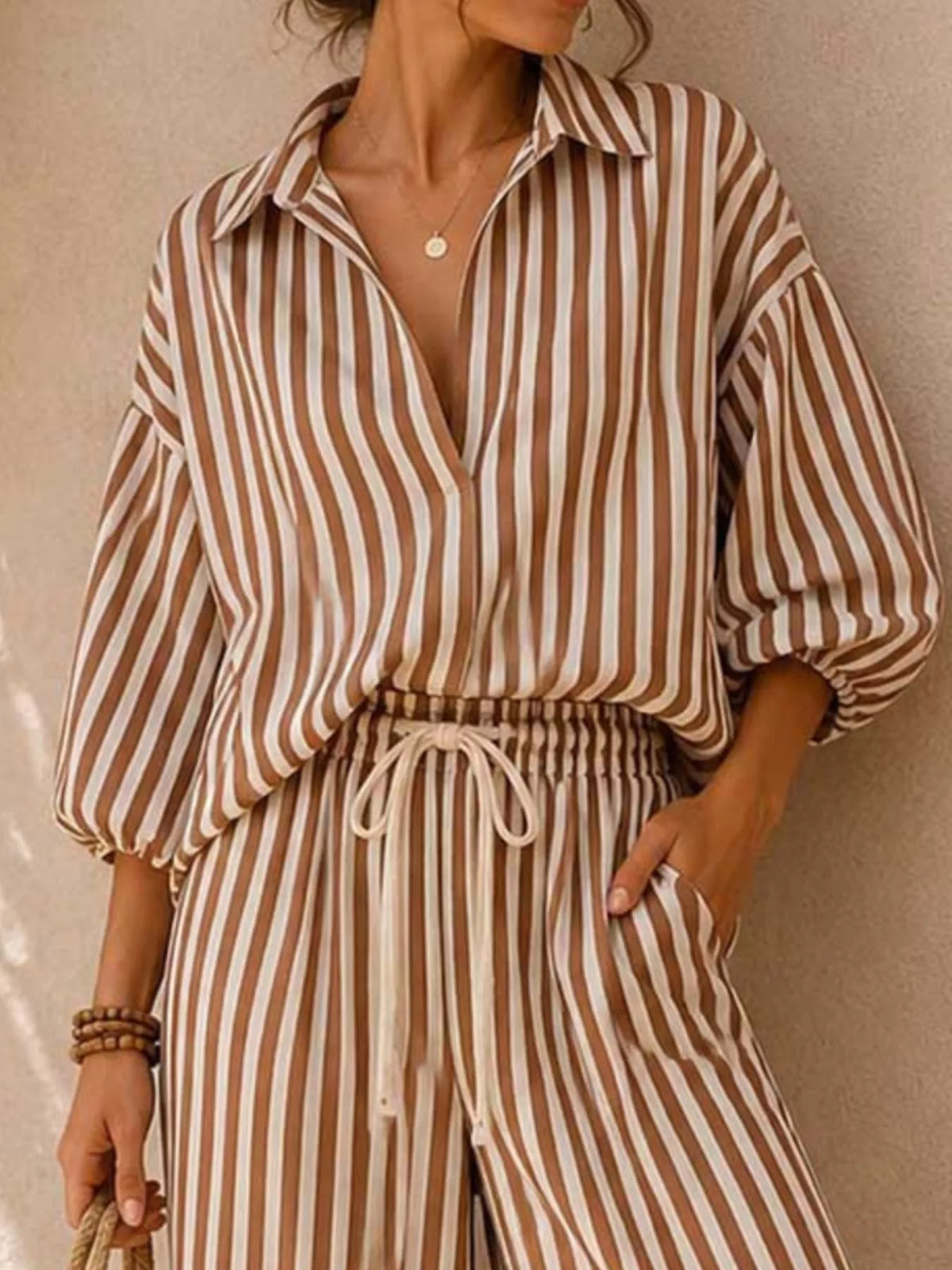 Gaia Striped Puff Sleeve Shirt and Wide-Leg Drawstring Pants Set — view 2