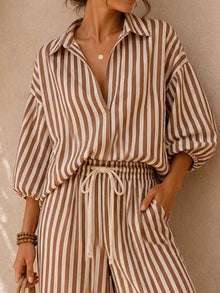Gaia Striped Puff Sleeve Shirt and Wide-Leg Drawstring Pants Set — thumbnail 2