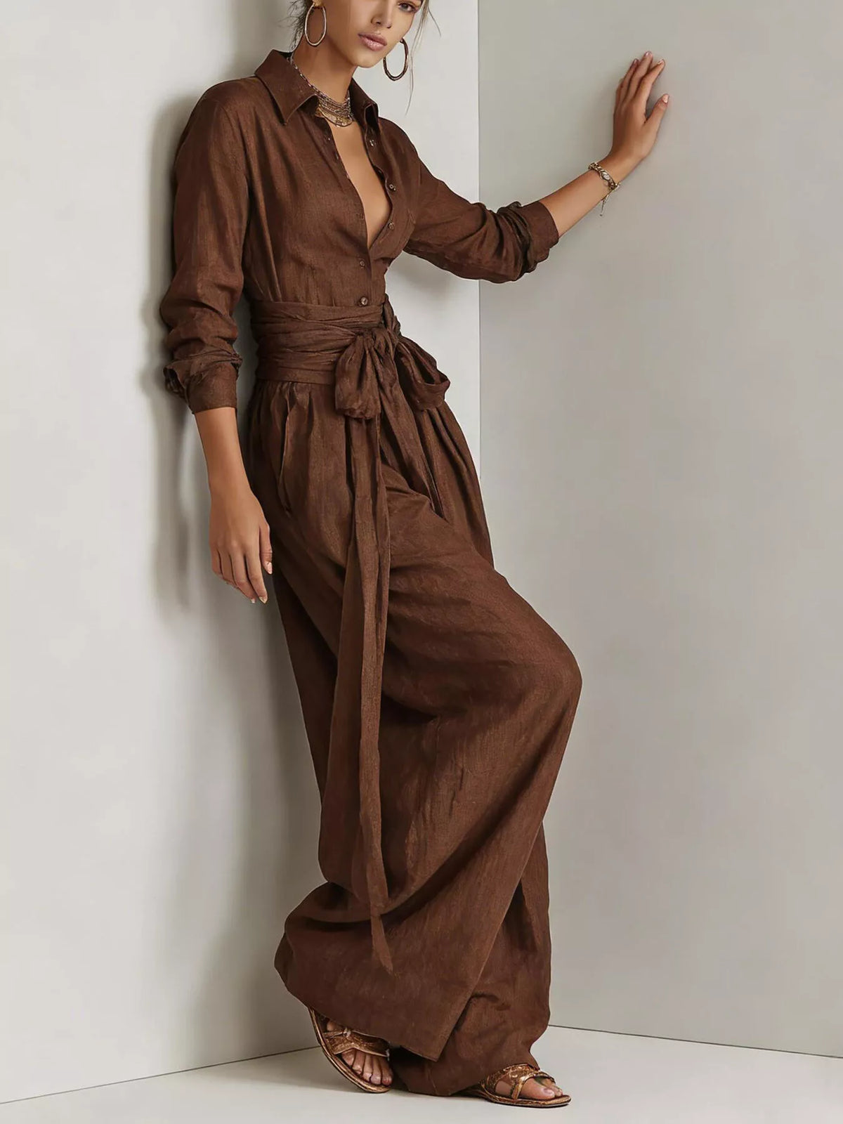 Hera Long-Sleeve Button-Down Waist-Tie Jumpsuit — view 2