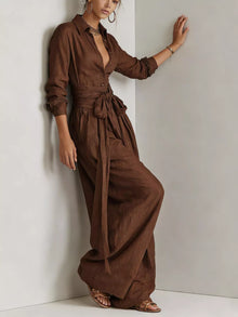 Hera Long-Sleeve Button-Down Waist-Tie Jumpsuit — thumbnail 2