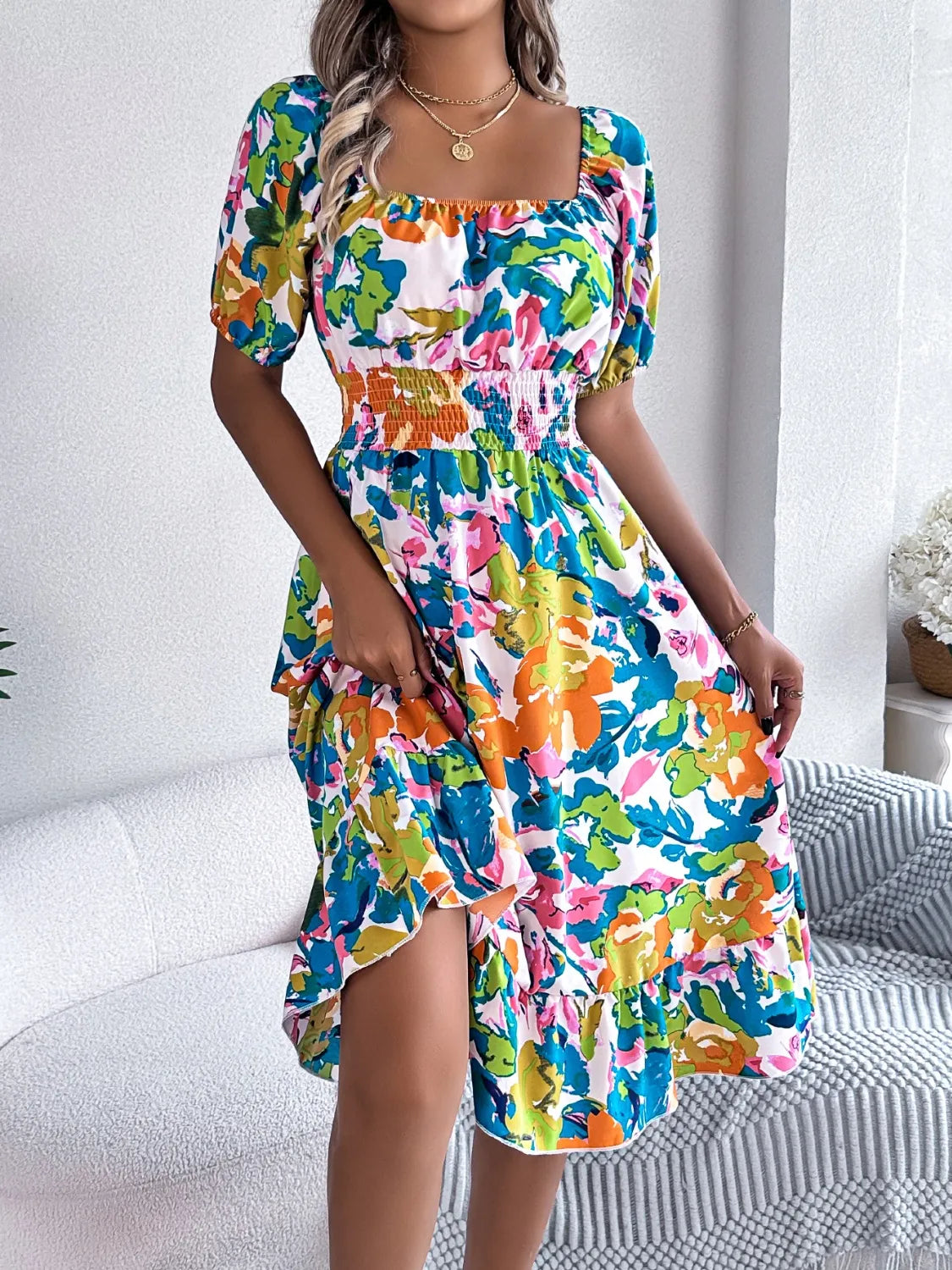 Venus Ruffled Hem Smocked Floral Short Sleeve Midi Dress — view 8