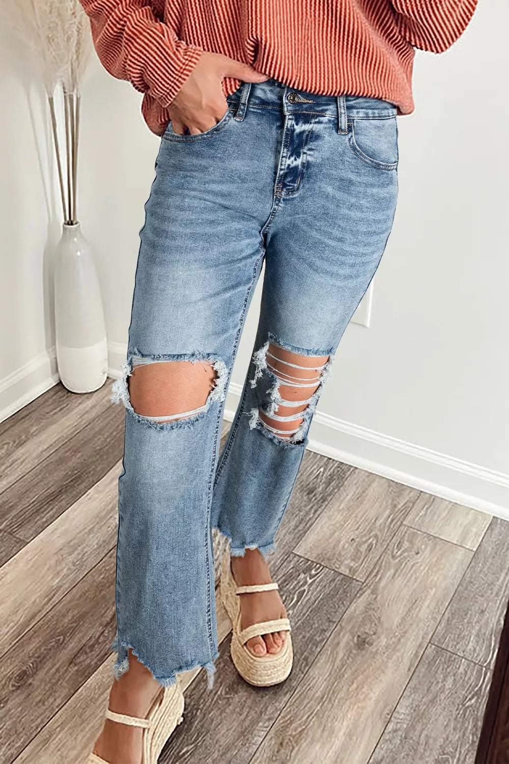 Artemis Raw Hem Ripped Open Knee Fit Flare Jeans — view 1