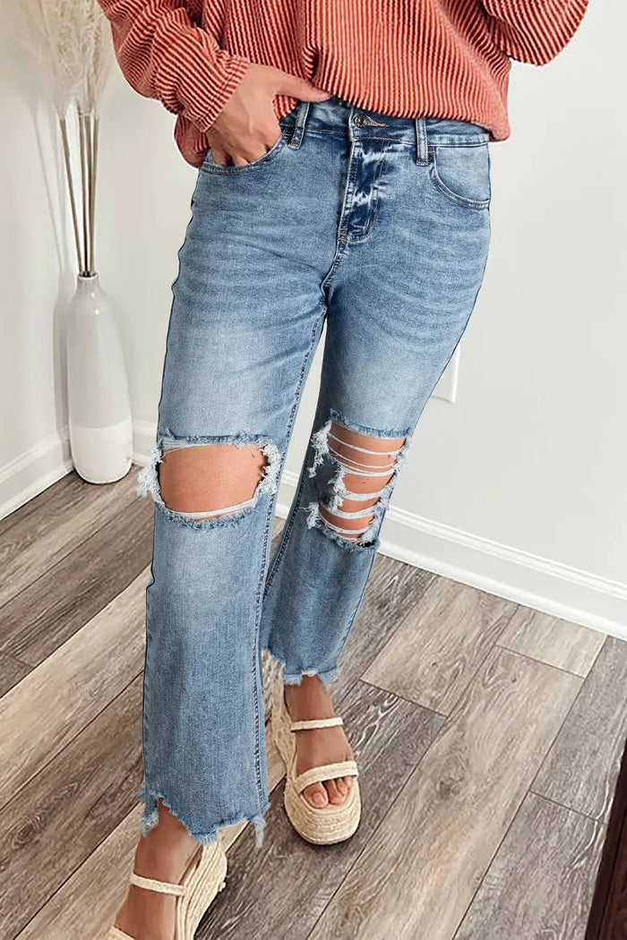 Artemis Raw Hem Ripped Open Knee Fit Flare Jeans