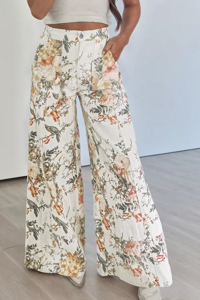 Demeter Vintage Style Floral Print High Waist Wide Leg Jeans