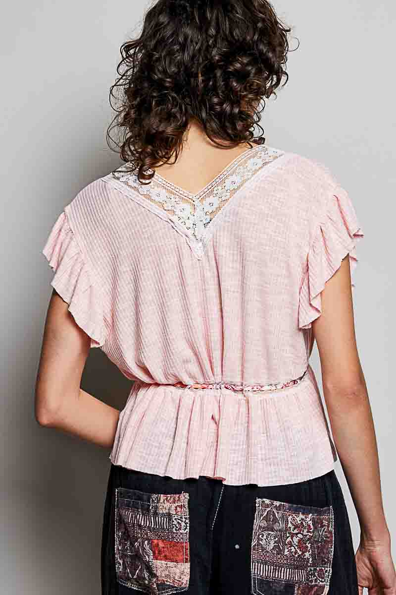 Parvati Tied Ruffled V-Neck Short Sleeve Blouse with Lace Detail — view 4