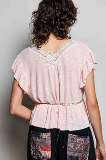 Parvati Tied Ruffled V-Neck Short Sleeve Blouse with Lace Detail — thumbnail 4