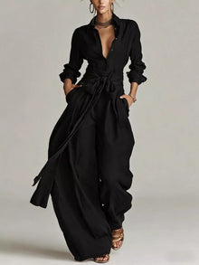 Hera Long-Sleeve Button-Down Waist-Tie Jumpsuit — thumbnail 8