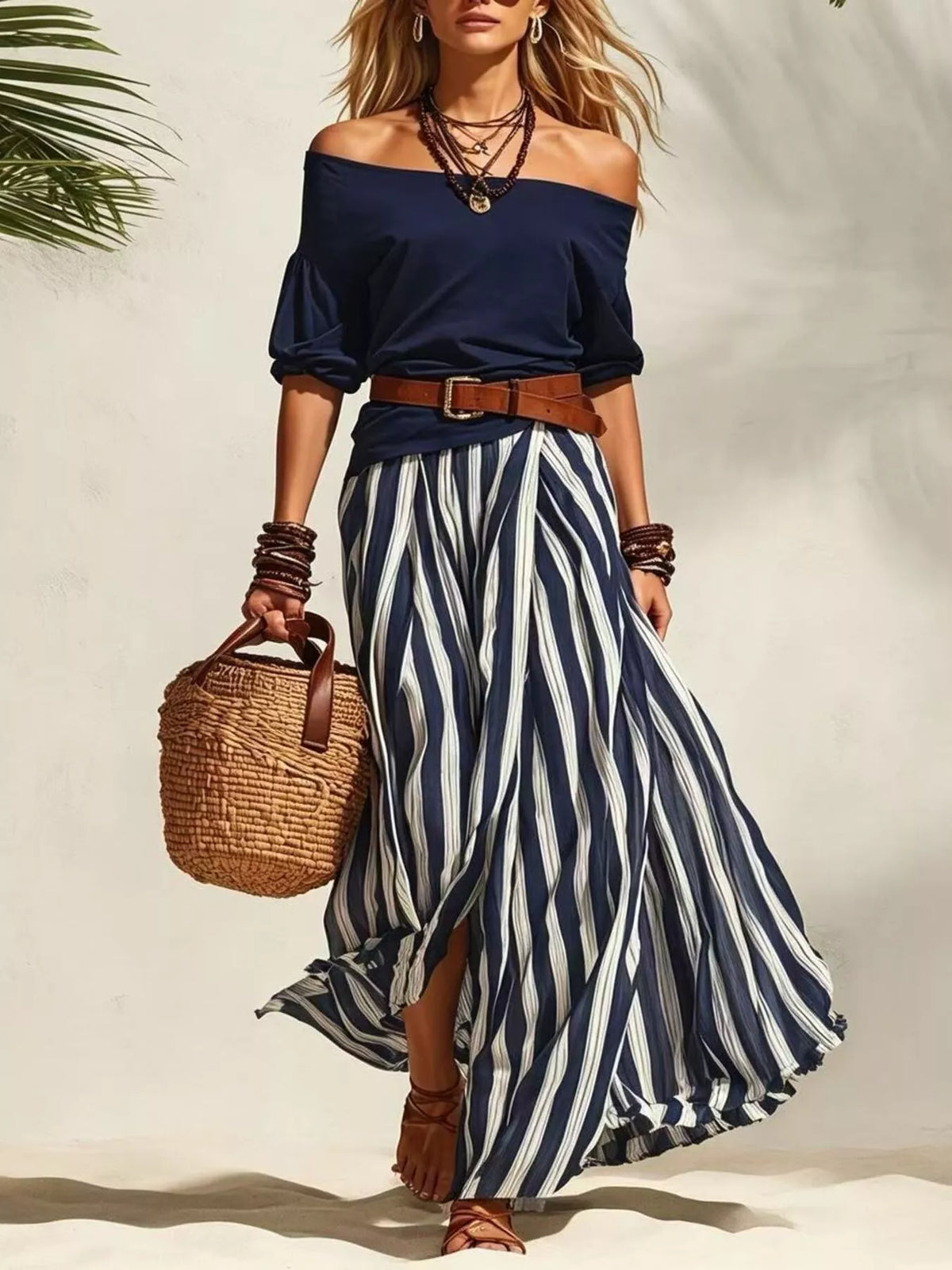 Isis Off Shoulder Top and Striped Maxi Skirt Set with Belt — view 1