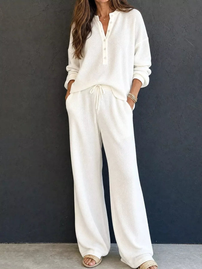 Selene Waffle Knit Henley Top and Wide Leg Pants Set