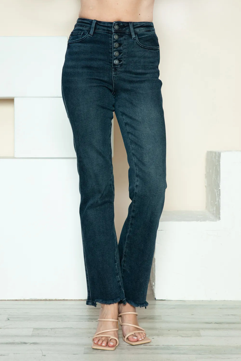 Vesta Button Fly Hem Destroy Straight Jeans — view 4