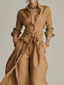 Hera Long-Sleeve Button-Down Waist-Tie Jumpsuit — thumbnail 13