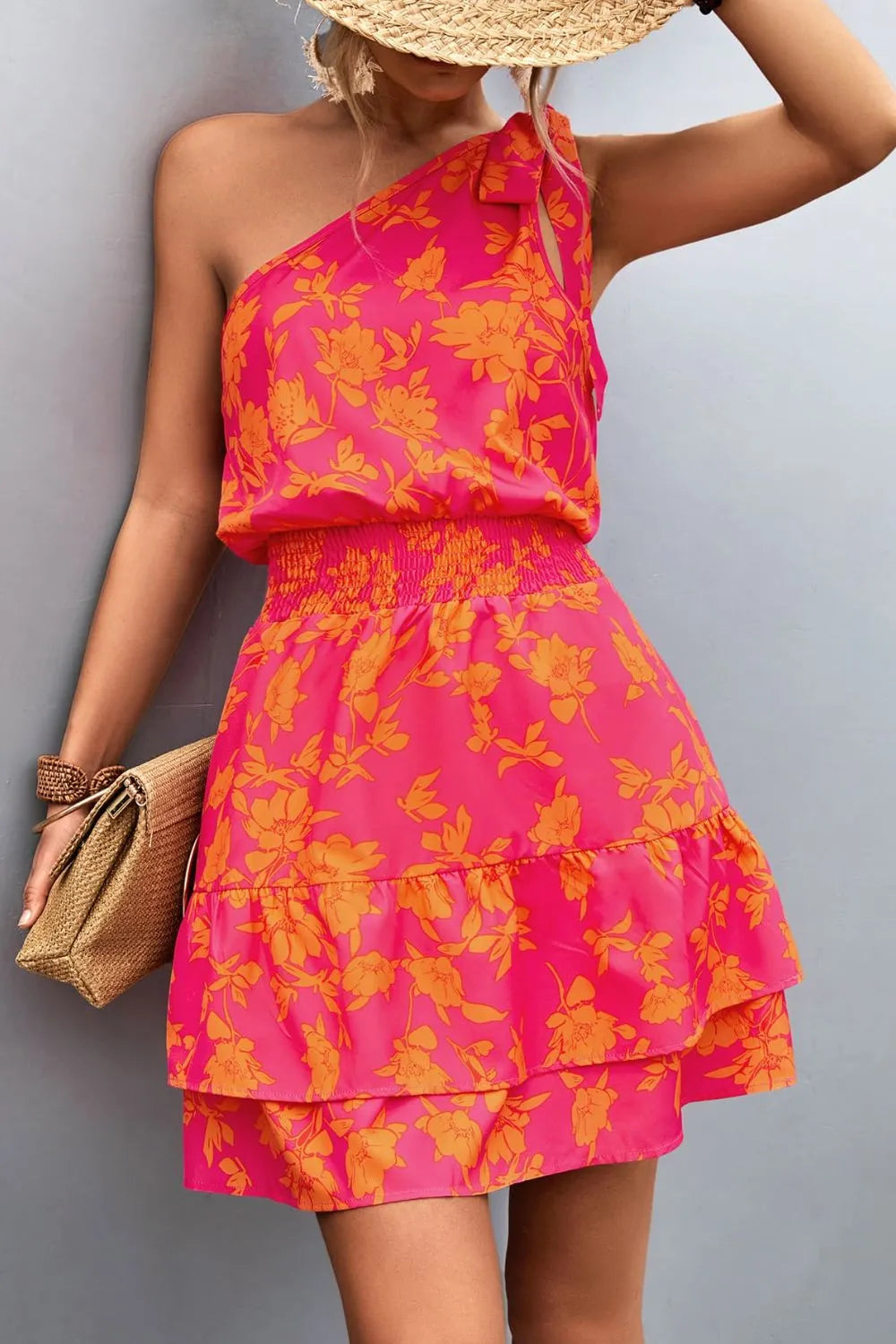 Venus Tied Smocked Printed Single Shoulder Dress — view 6