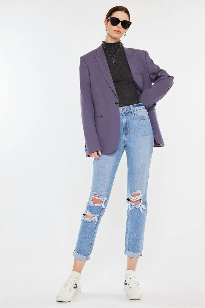 Pele High Rise Distressed Mom Jeans styled in the studio