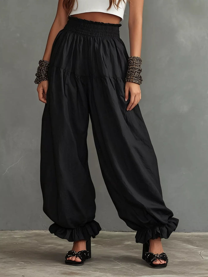 Bastet Smocked Ruffle Hem Wide Leg Pants
