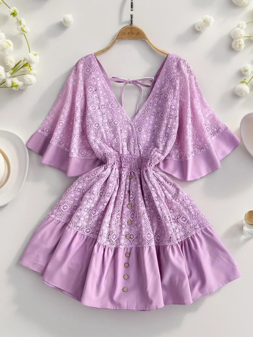 Selene Ruffle Hem Tie Back Lace Mini Dress — view 10