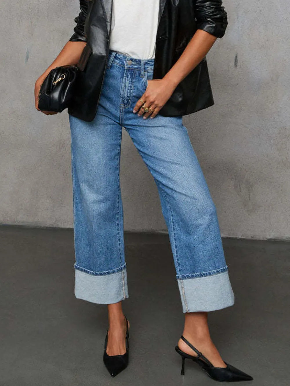 Eos High Waisted Straight Leg Rolled Jeans — view 5
