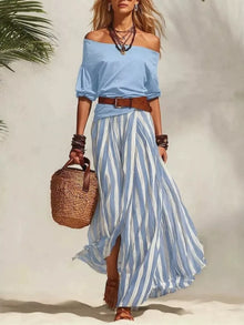 Isis Off Shoulder Top and Striped Maxi Skirt Set with Belt — thumbnail 11