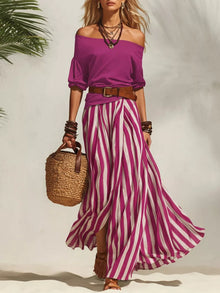 Isis Off Shoulder Top and Striped Maxi Skirt Set with Belt — thumbnail 10