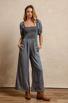 Hera Smocked Washed Puff Sleeve Square Neck Denim Jumpsuit — thumbnail 3