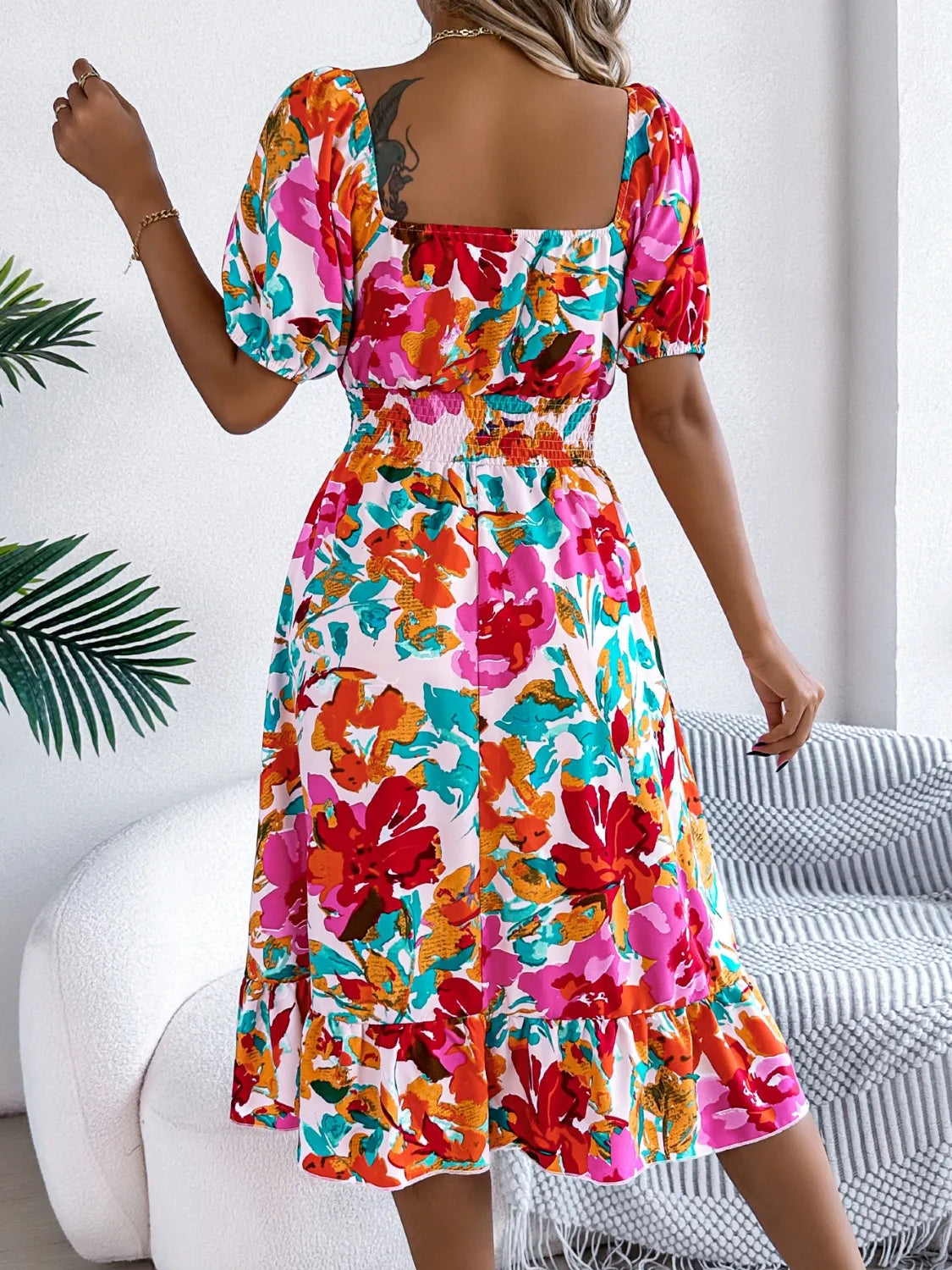 Venus Ruffled Hem Smocked Floral Short Sleeve Midi Dress — view 4