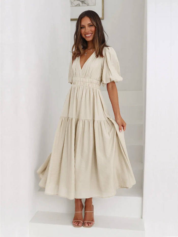 Persephone Tiered Surplice Half Sleeve Midi Dress