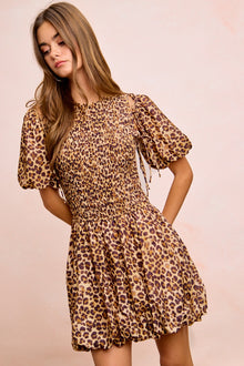 Fortuna Leopard Bow Tie Attachable Puff Sleeves Dress — thumbnail 1