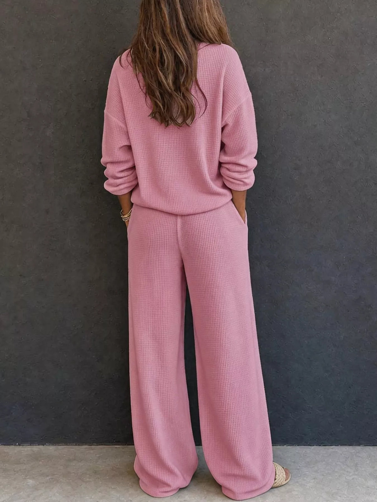 Selene Waffle Knit Henley Top and Wide Leg Pants Set — view 6