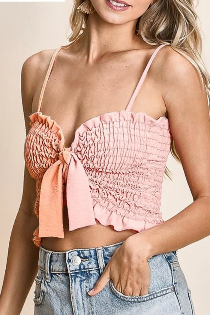 Hathor Woven Color Block Smocked with Ribbon Bra Top