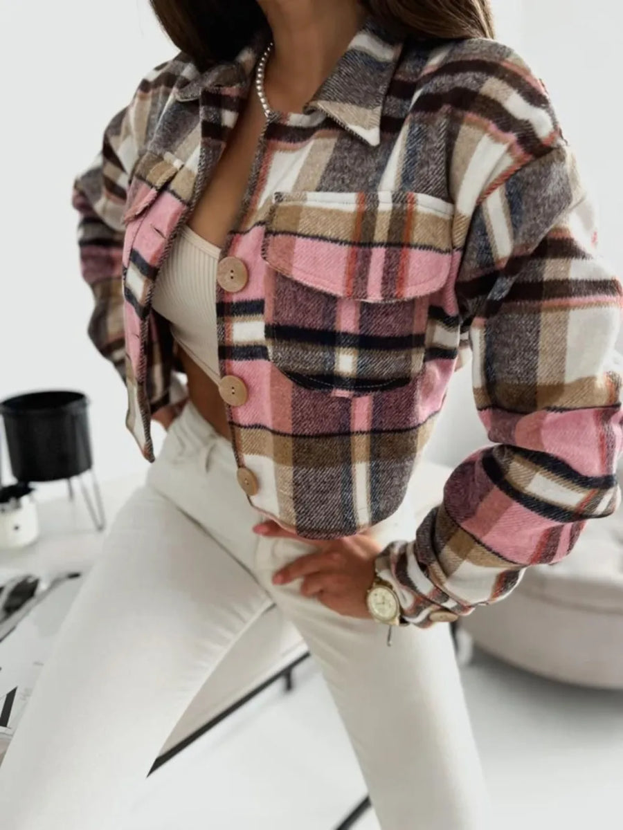 Durga Pocketed Collared Neck Long Sleeve Plaid Jacket styled in the studio