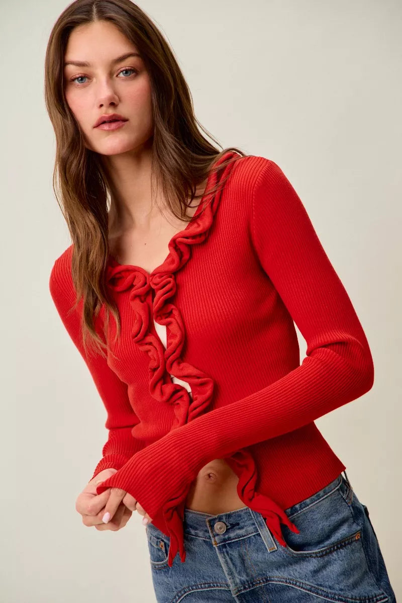 Pele Cascade Ruffle Ribbed Sweater Cardgian — view 29