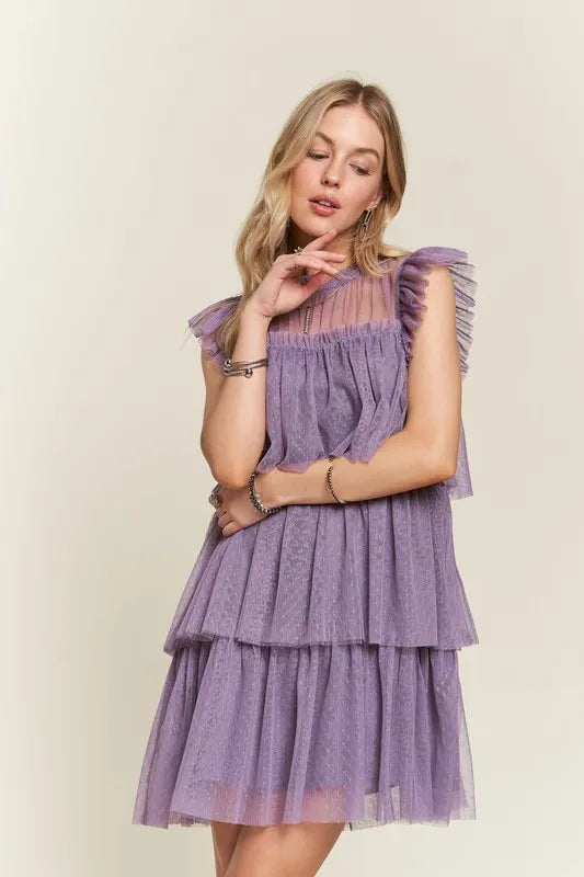 Aphrodite Layered Ruffled Cap Sleeve Mesh Dress