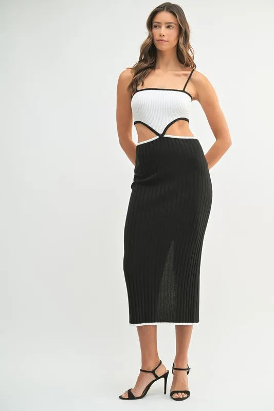 Kali Ribbed Knit Color Block Cutout Midi Dress