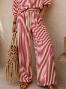 Gaia Striped Puff Sleeve Shirt and Wide-Leg Drawstring Pants Set — thumbnail 9