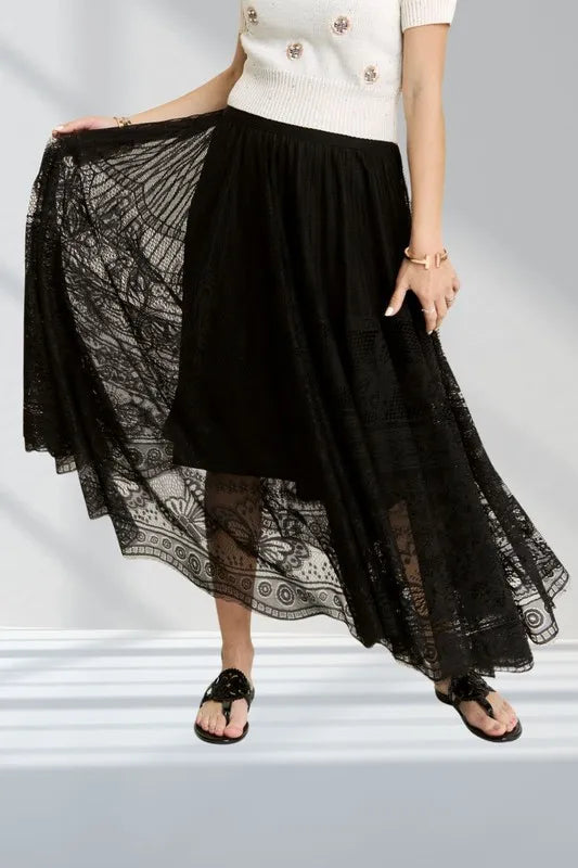 Rhiannon Elastic Waist Raw Hem Lace Maxi Skirt — view 4