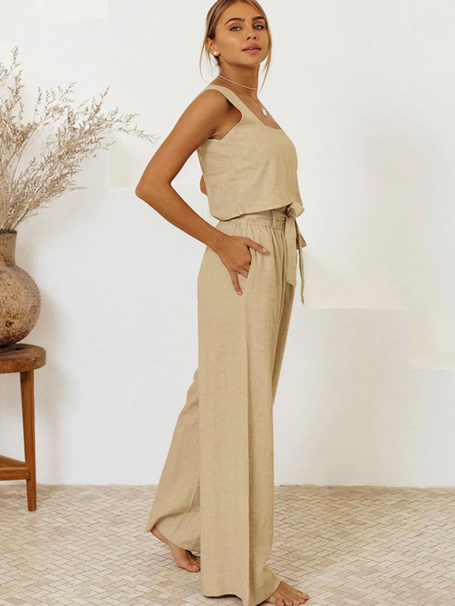 Hathor Square Neck Sleeveless Top and Pants Set styled in the studio