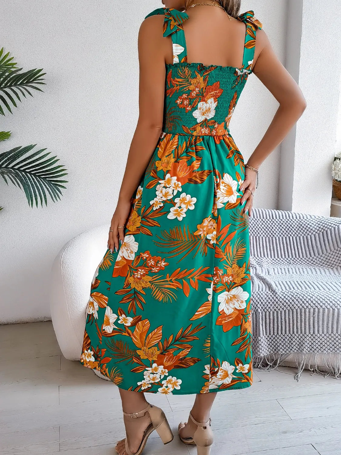 Persephone Smocked Floral Tie Shoulder Midi Dress — view 11