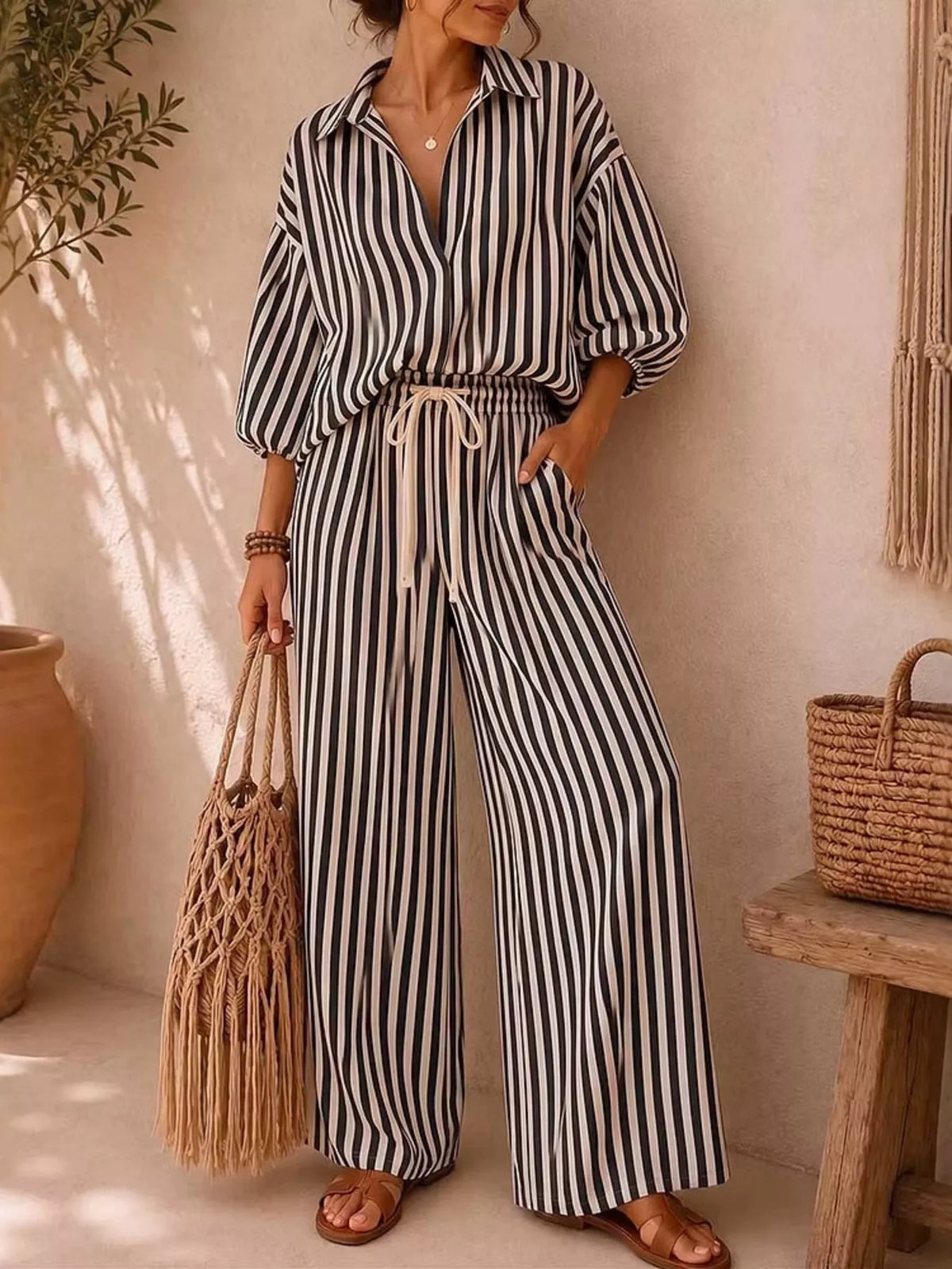 Gaia Striped Puff Sleeve Shirt and Wide-Leg Drawstring Pants Set — view 4