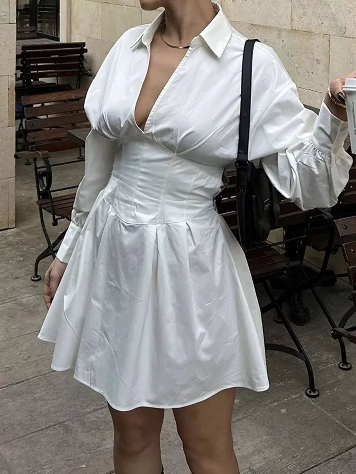 Ishtar Collared Neck Lantern Sleeve Mini Dress — view 4