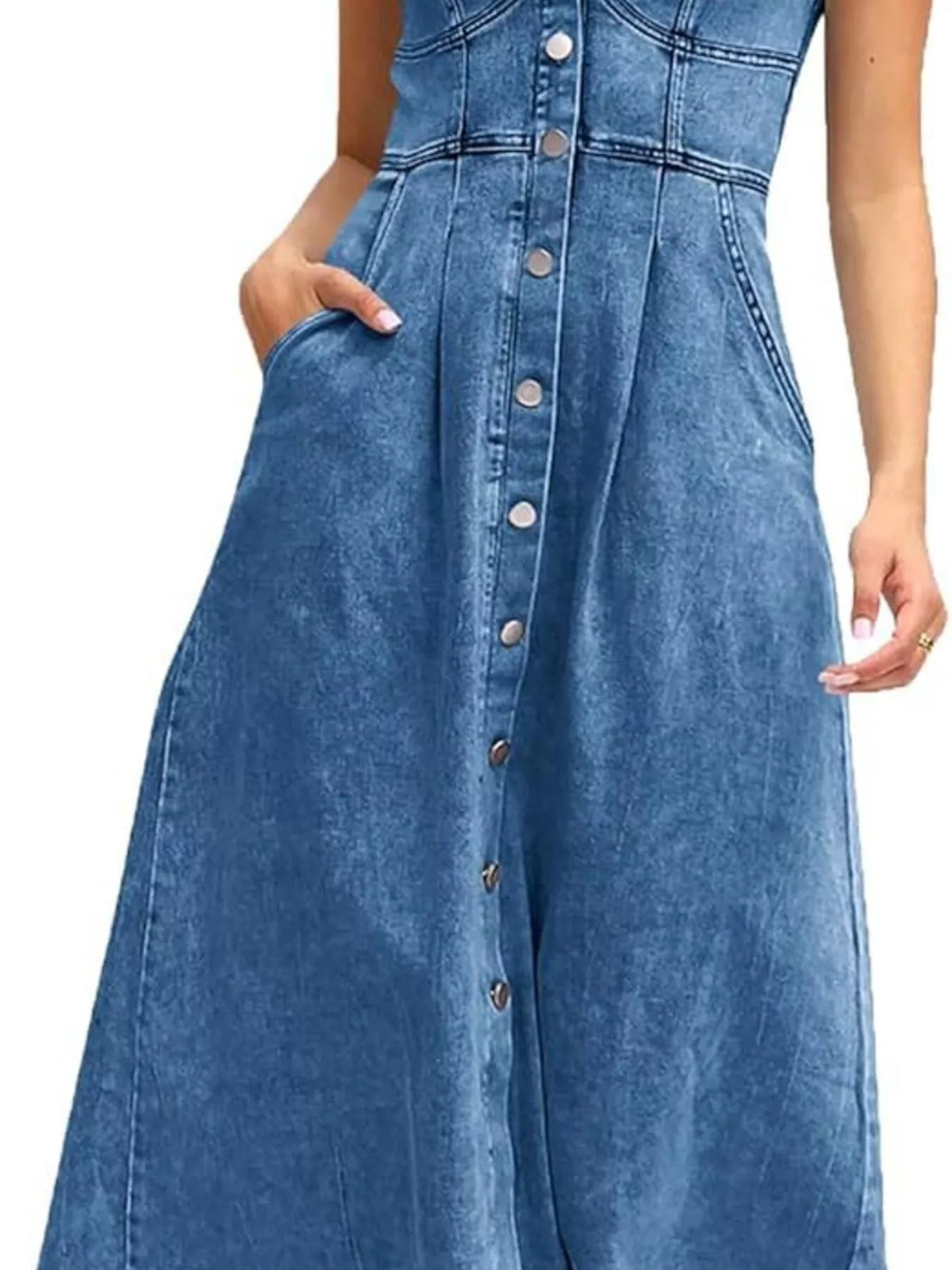 Artemis Smocked Back Button Front Denim Midi Dress — view 7