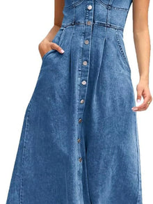 Artemis Smocked Back Button Front Denim Midi Dress — thumbnail 7