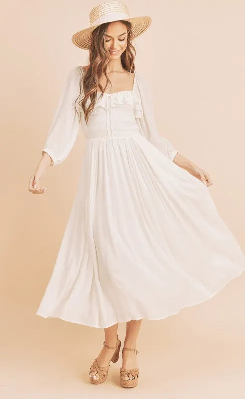 Brigid Aemi + Co Ruffled Smocked Square Neck Balloon Sleeve Dress