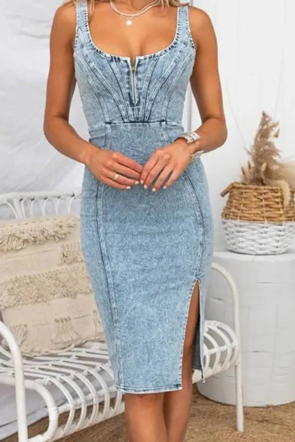 Artemis Side Slit Washed Scoop Neck Denim Dress — view 9