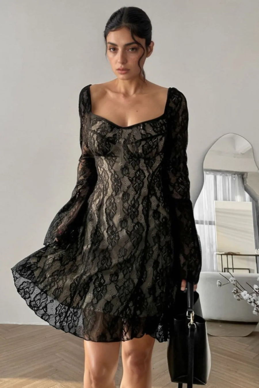 Hecate Lace Sweetheart Neck Flare Sleeve Mini Dress styled in the studio