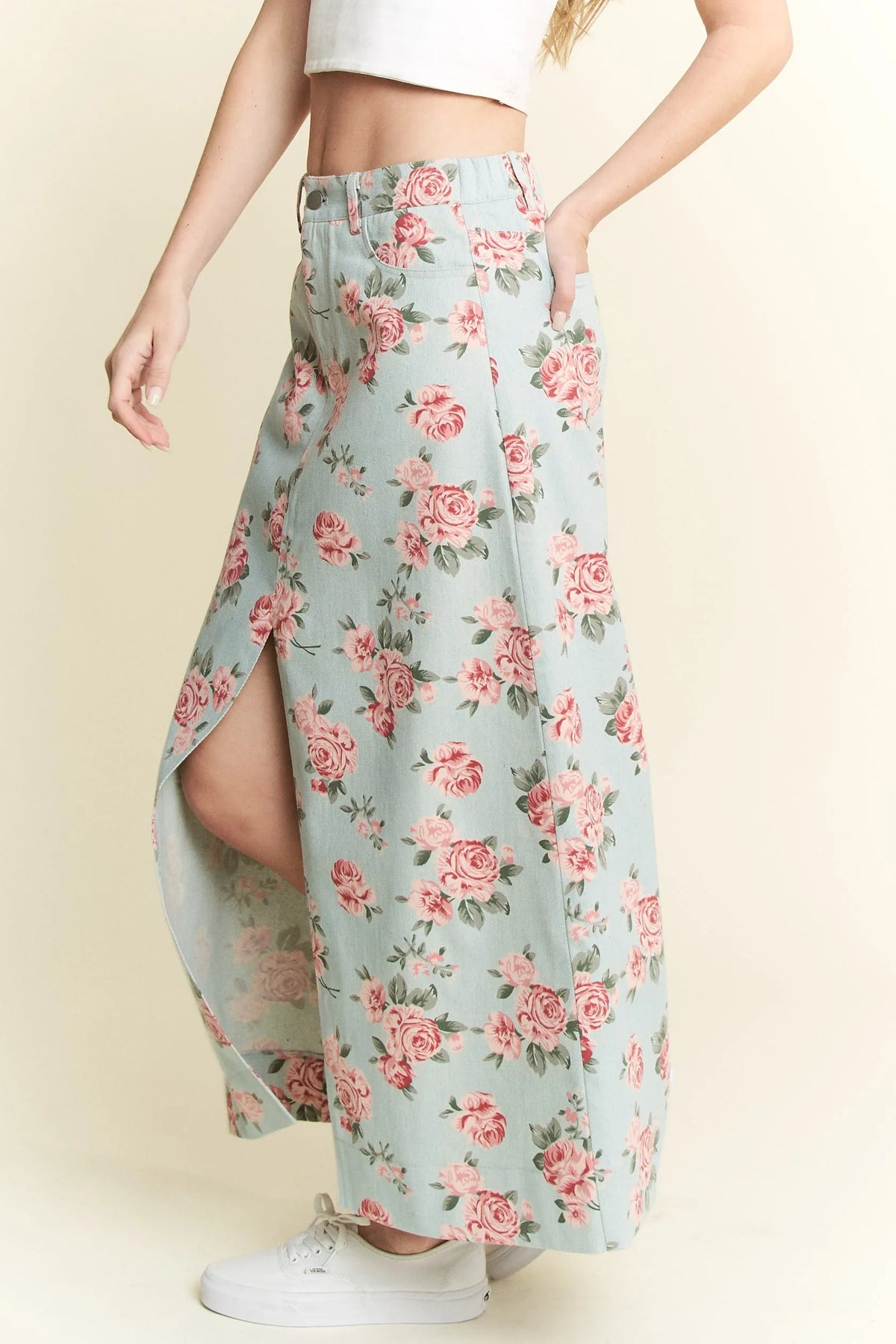 Olwen Floral Print Front Slit Denim Maxi Skirt — view 4