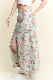 Olwen Floral Print Front Slit Denim Maxi Skirt — thumbnail 4