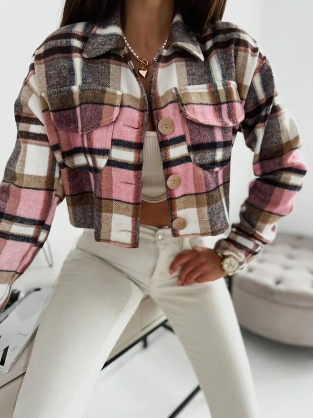 Durga Pocketed Collared Neck Long Sleeve Plaid Jacket — view 2